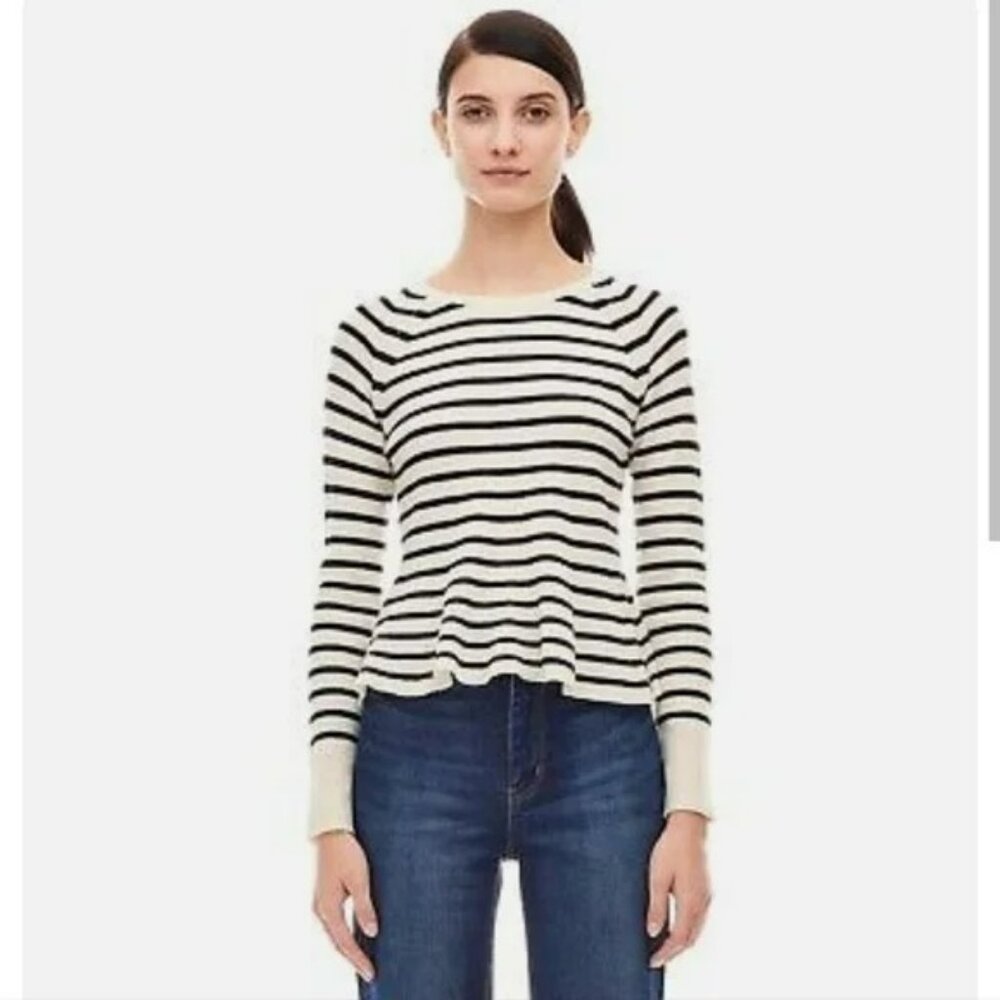 Rebecca Taylor La Vie Peplum Cozy Sweater M Striped Black/Cream‎ 100% Lambswool